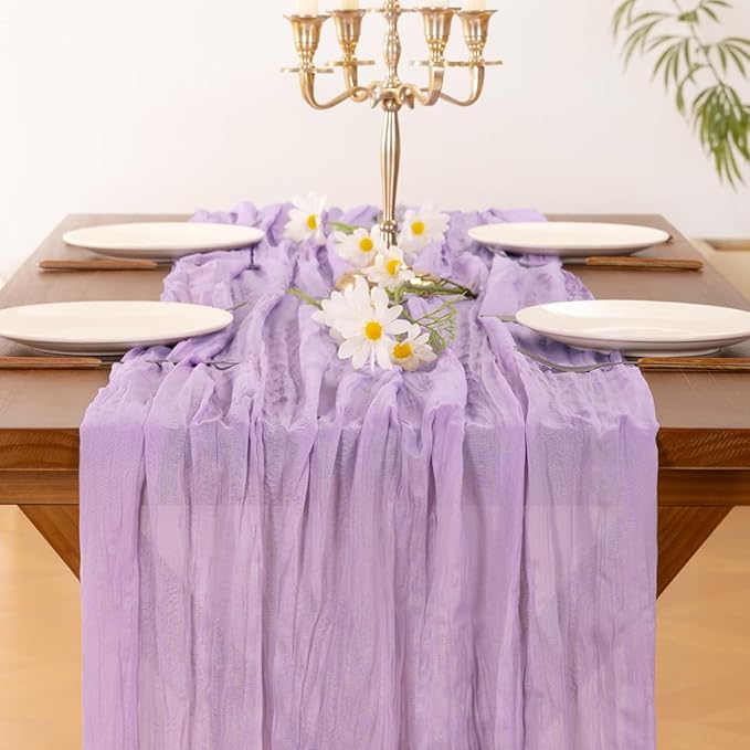 Socomi 6pcs Lilac Purple Lavender Cheesecloth Table Runner Summer Boho Rustic Gauze 120 inch 10FT Cheese Cloth Sheer Runner for Wedding Party Baby Shower Birthday Home Decor Holiday Decorations