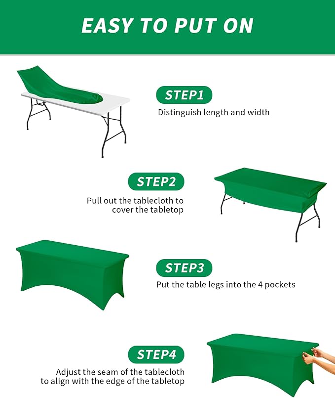 Fixwal Green Stretch Table Cloth Rectangle 2 Pack 6Ft, Spandex Fitted Table Covers Washable for Party, Trade Show, Banquet, Wedding, Buffet