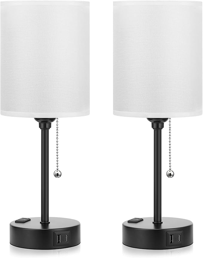 Bedside Table lamp for Bedroom Set of 2-3 Color Temperatures Small Lamps with USB C and A Ports, Pull Chain Table Lamps with AC Outlet, White Nightstand Lamps with Black Metal Base for Kids Reading