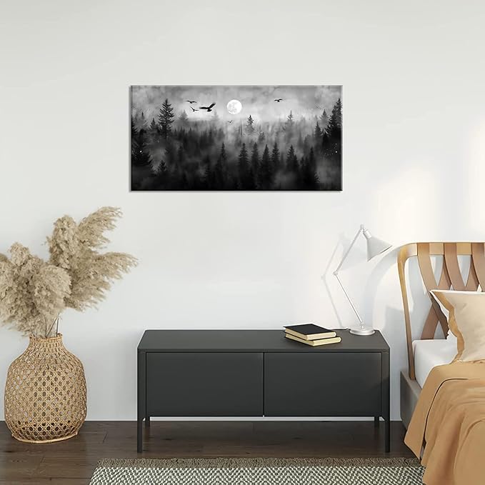 ZESTRILIA Forest Wall Art Black & White Moon Night Retro Canvas Prints Modern Rustic Paintings Nordic Artwork Landscape Picture for Country Farmhouse Living Room Bedroom Home Office Décor (23x46inch)