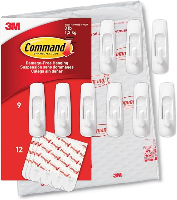Command Medium Utility Hooks, 9 Wall Hooks and 12 Strips, Damage-Free Hanging with Adhesive, No Tools Great for Hanging Christmas Decorations, Holds up to 3 lb