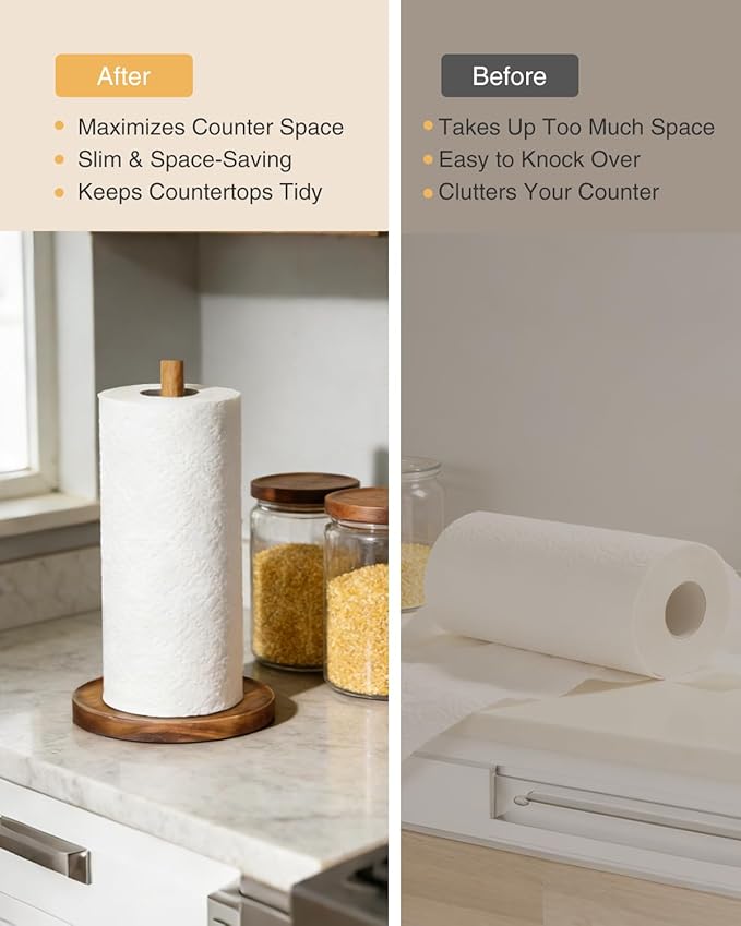 NESAPTO Paper Towel Holder Countertop, Wooden Standing Paper Towel Roll Stand for Rustic Farmhouse & Cottagecore Decor, Kitchen Bathroom Essential, Brown