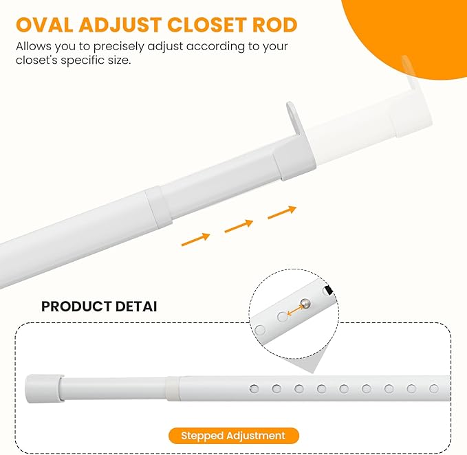 Oval Closet Rod for Hanging Clothes Adjustable Closet Rods 18 to 75 Inch Heavy Duty White Poles Bar Closet Rod Expandable for Wardrobes Laundry RV