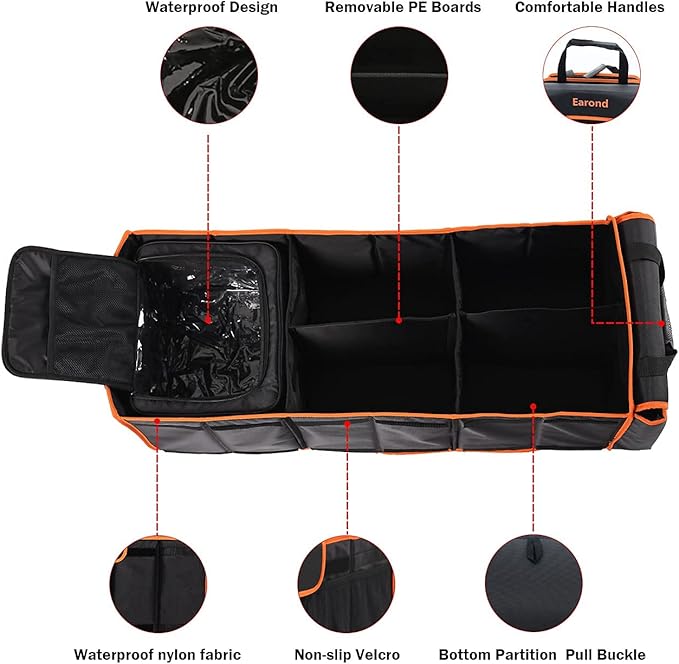EAROND Large Trunk Organizer with Cooler, 3 Compartments SUV Cargo Organizer, Portable Trunk Organizer for suv,car,truck,rv,jeep(black)