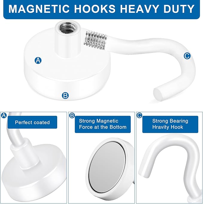 LOVIMAG Magnetic Hooks for Cruise Cabins, 170lbs Cruise Magnets, White Magnetic Hooks Heavy Duty for Hanging, Refrigerator, Grill - 4 Pack