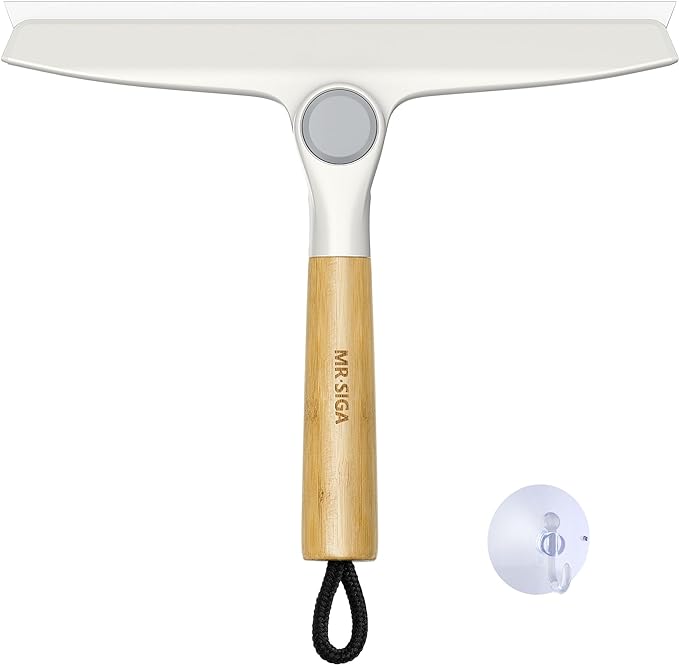 MR.SIGA All Purpose Silicone Squeegee for Shower Door, Mirror, Glass, Streak Free Shower Squeegee, Pivoting Bamboo Handle, Includes 1 Suction Hook, 10 inch Wide, 1 Pack