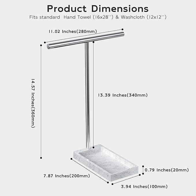 Volnamal Hand Towel Holder for Bathroom, 2-in-1 T-Shape Towel Stand with Countertop Tray, Hand Towel Rack Standing for Counter Top, Vanity, Kitchen, Heavy Non-Tipping Holder - Silver
