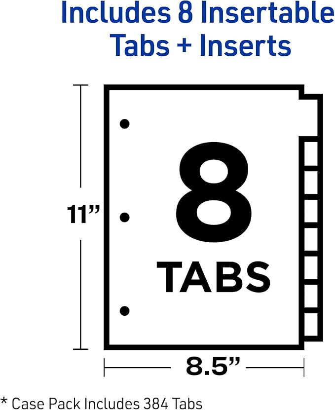 Avery Insertable Dividers for 3 Ring Binders, 8 Tabs per Set, Multicolor Big Tabs, Buff Paper with Gold-Reinforced Holes, Great for Organizing Reports, Projects, and More (11111)