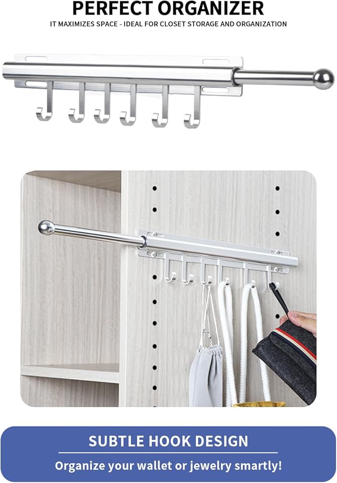 16.5 inch Valet Rod for Closets Pull Out Closet Valet Rod Slide Out Extra Long Silvery Valet Rods for Closets With 6 Hooks