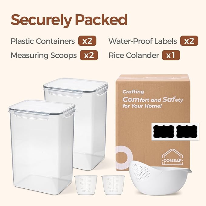 ComSaf Rice Container Set of 2 (9.5L/10Qt), Large Airtight Food Storage Containers with Lid and Rice Washer, Plastic Canister Sets for the Kitchen, Pantry Organizers for Flour, Cereal, and Cooking