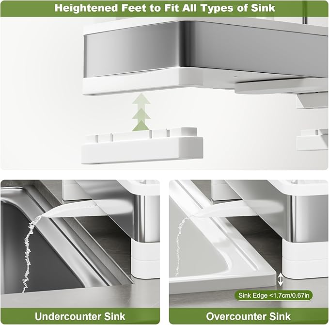 Stainless Steel Sink Caddy, Sponge Holder for Kitchen Sink with Brush Holder & Dishcloth Rack, Rustproof Sink Organizer Countertop, Kitchen Organizers Storage Essentials (E-White)