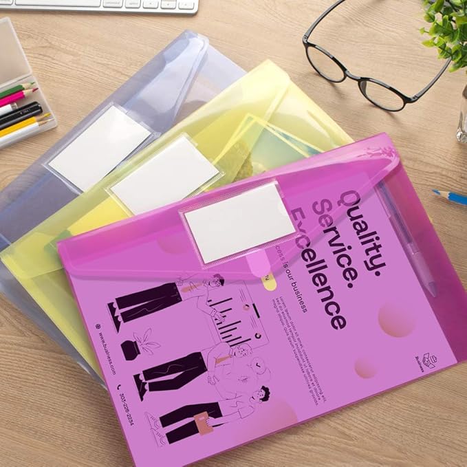 Sooez 48 Pack File Folders, Clear Poly Envelopes Plastic Folders, Folder for Documents Letter A4 Size with Label Pocket, Teacher School Office Supplies Organization Storage, Assorted Color