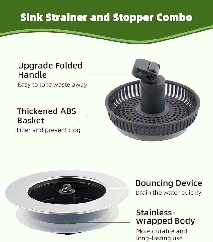 Universal 3-in-1 Kitchen Sink Strainer Stopper Pop Up Sink Drainer with Upgrade Folded Handle, for US Standard 3-1/2 inch Drain Filter, Chrome Stainless-wrapped Shell, Anti-clog