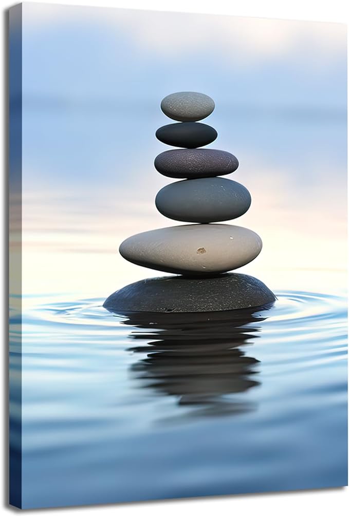 GLOKAKA Zen Stones Balance Canvas Wall Art Pebbles Stack in Calm Water Picture Print Artwork Poster for Yoga Meditation Room Bathroom Bedroom Decor