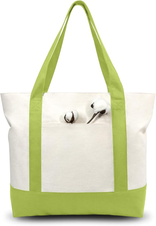 TOPDesign 1-Pack Canvas Tote Bag with an External Pocket, Reusable Grocery Shopping Bag, Top Zipper Closure, Daily Essentials (Light Green/Natural)