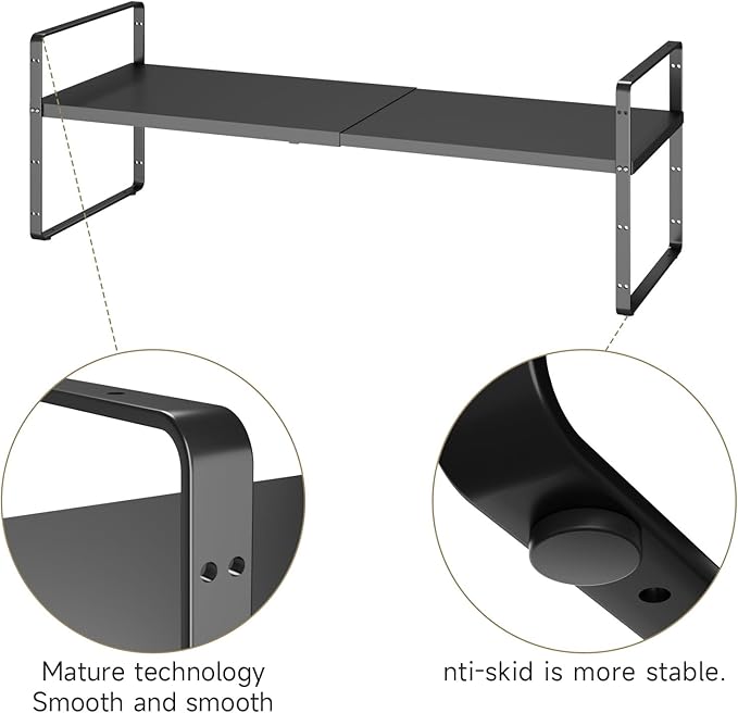 taiheis 16.5~27.1" Expandable Shelf Organizer, 1Pack 8.1" Wide Stackable Cabinet Shelf Organizers, Black Metal Sturdy Kitchen Counter Storage for Countertop, Adjustable Height Spice Rack