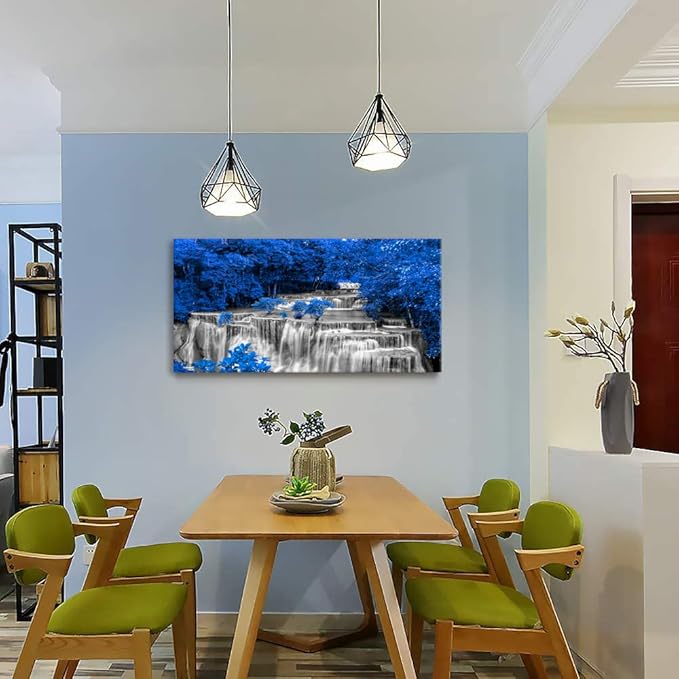 Yxbhhym Large Waterfall Wall Art - Black and White Decor, Blue Trees Scenery Canvas Prints - Landscape Wall Decor, Forest Paintings for Bedroom and Living Room - Framed - 24x48inch