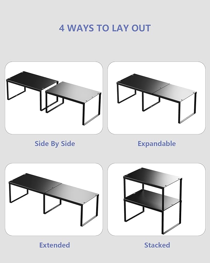 HHVACUUN Cabinet Organizer Shelf, Set of 4 Cabinet Shelves, Stackable Metal Kitchen Counter Organizer, Adjustable Countertop Cupboard Pantry Shelf Riser Storage Rack, Black