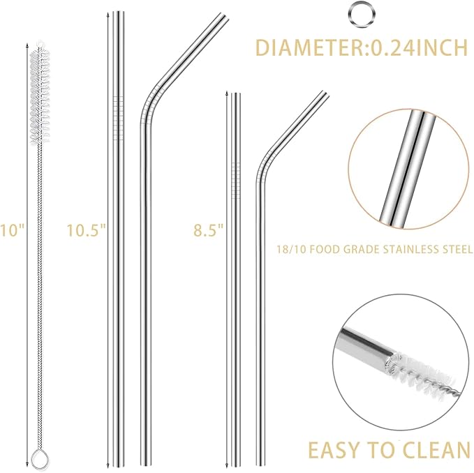 8-Pack Reusable Stainless Steel Metal Straws with Cleaning Brush - Long Metal Straws Drinking for 30 oz and 20 oz Tumbler Eco Friendly