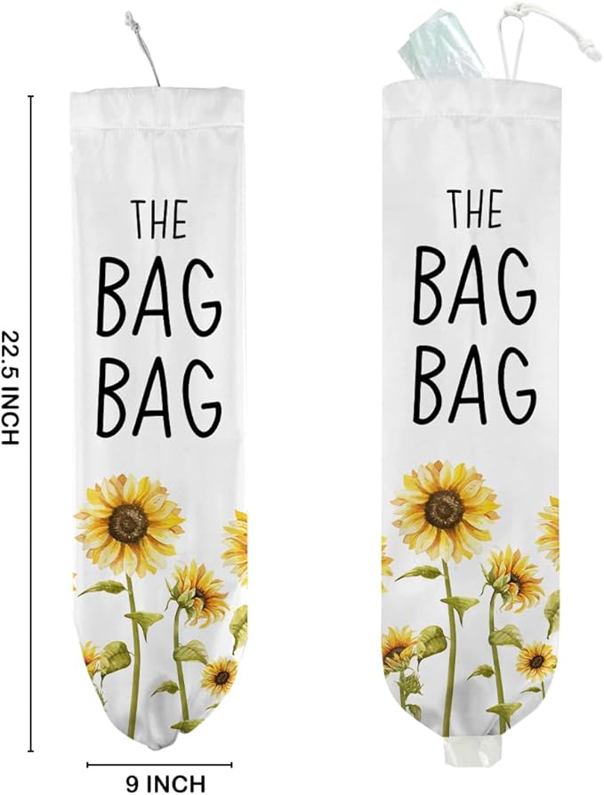 Sunflower Plastic Bag Holder, Wall Mount Grocery Bag Holder for Plastic Bags, Pull Rope Free Adjustment, Sunflower Reusable Shopping Bags Storage Dispenser for Home Kitchen Pantry, 22.5x9 Inch