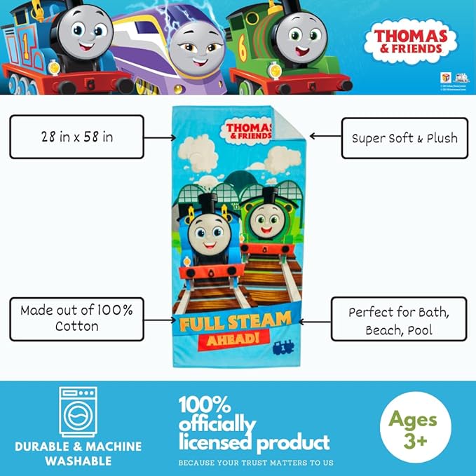 Thomas & Friends Kids Super Soft Cotton Bath/Pool/Beach Towel, 58 in x 28 in, by Franco