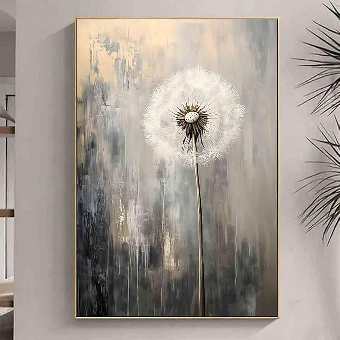 Dandelion Picture Gray White Wall Art Abstract Flower Canvas White Flower Painting Farmhouse Floral Picture Gray Gold Painting Rustic Floral Prints Black Gold Pictures Room Decor 16x24inch No Frame