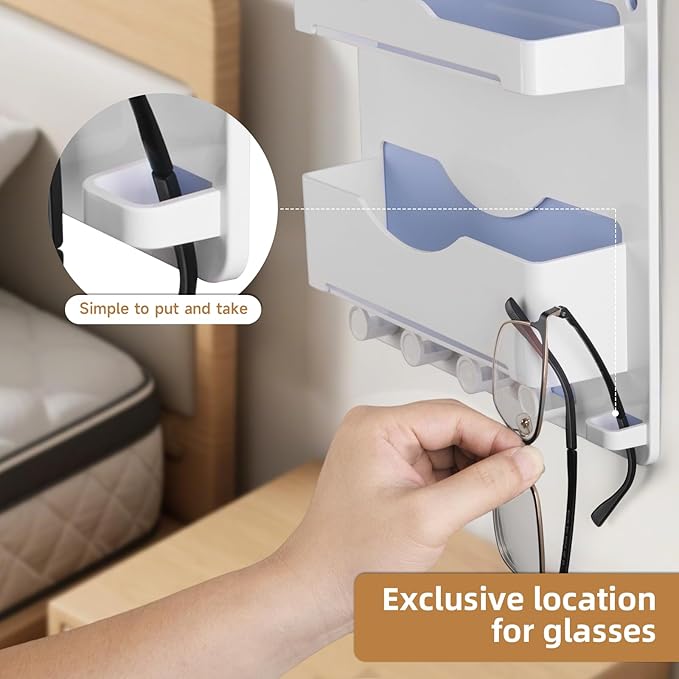 JUMEIHUI Bedside Wall Shelf with Glasses Hooks ，Adhesive Bedside Organizer Wall Mount for Dorm and Room Accessories Phone，Remote，Earphone， Kindle (White)