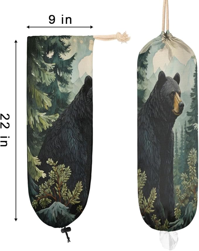 Sabokido Forest Bear Plastic Bag Holder Green Tree Grocery Bag Storage Dispenser Washable Hanging Shopping Bags Carrier Reusable Wall Mount Trash Bag Organizer for Kitchen Pantry