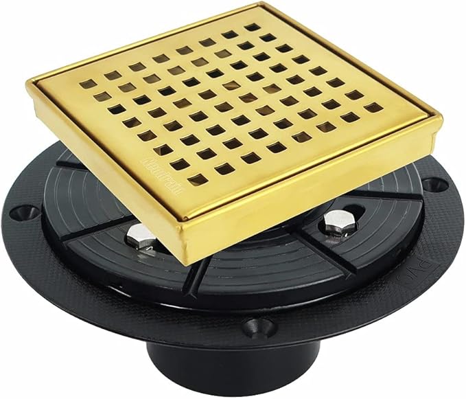 Neodrain 4 in Brushed Gold Square Shower Drain with Removable Quadrato Pattern Grate, PVC Shower Drain Base and Rubber Gasket, Golden 4" Shower Drainage,CUPC Certified, Hair Strainer