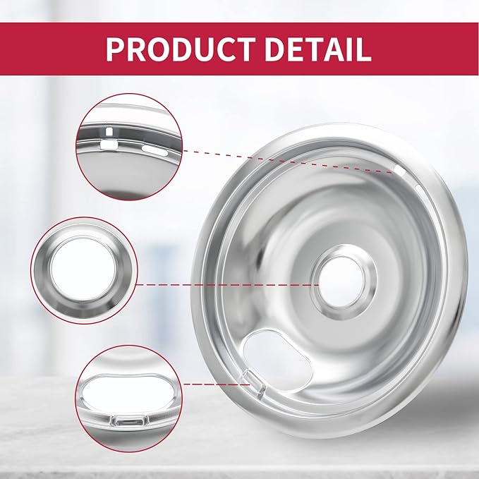 COZZIVITAW10196405 W10196406 Stove Burner Drip Pans for Electric Stove Top-Compatible with Whirlpool Electric Range-Thickening to Prevent Bent-Set of 4 Chrome Drip Pans, Silver