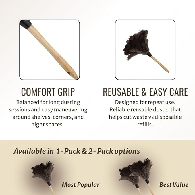 Ostrich Feather Duster with Wooden Handle 14" – Natural Reusable Feather Duster for Cleaning, Furniture & Shelves, Blinds, Ceiling Fan, Dusting Tool for Home, Office, Delicate Surfaces - 1 Pack