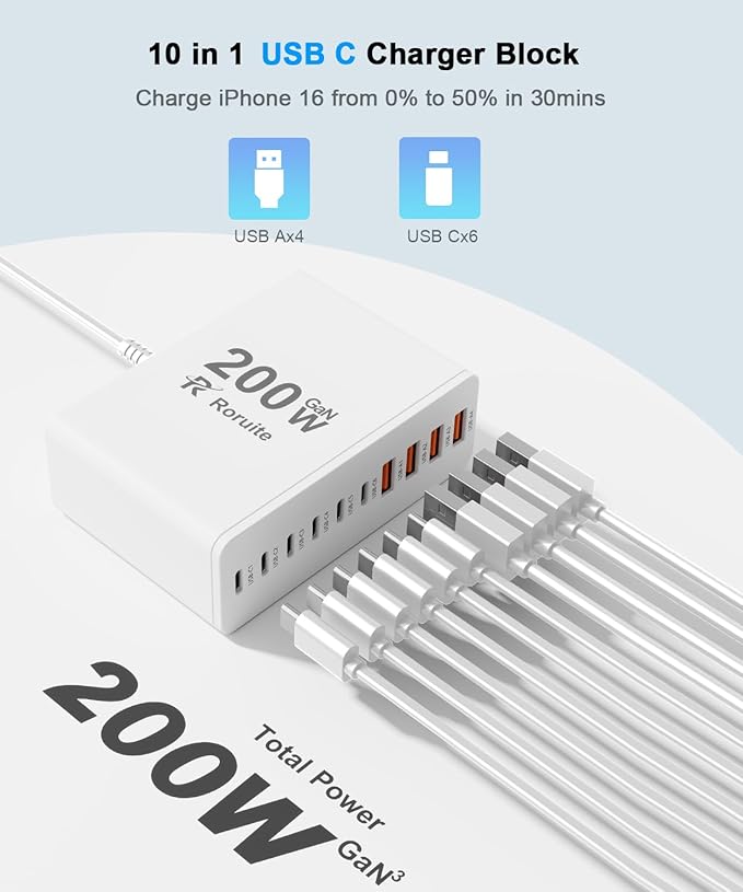 USB C Charging Station 10 Port with 4 USB Cables, 200W GaN Type C Charger Block, Wall Charger Power Strip Adapter Plug for iPad iPhone17 16 15 14 13 12 Pro Max Pixel Note Galaxy