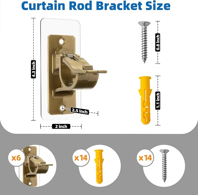 Antimbee 6-Pack No Drill Needed Curtain Rod Holders Brackets, Self Adhesive Rod Holder Hooks, Multipurpose Nail Free Stick on Curtain Rods Hooks-Transparent Rustic Brown