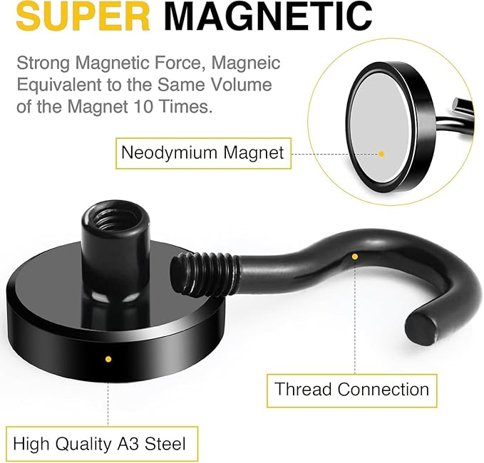 DIYMAG Magnetic Hooks, 85 LB Black Heavy Duty Strong Magnet with Hook, Rare Earth Neodymium Magnets for Hanging, Magnetics Hanger for Curtain, Home, Kitchen, Workplace, 12 Packs,