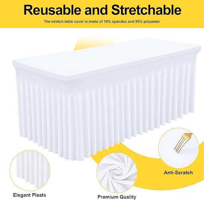 Smiry Spandex Tablecloth 5 Pack, Elastic Fitted Stretch Tablecloth for 6FT Rectangle Tables, Waterproof Washable Table Cover Skirt for Outdoor, Wedding, Banquet & Parties (White, 72Lx30Wx30H Inch)