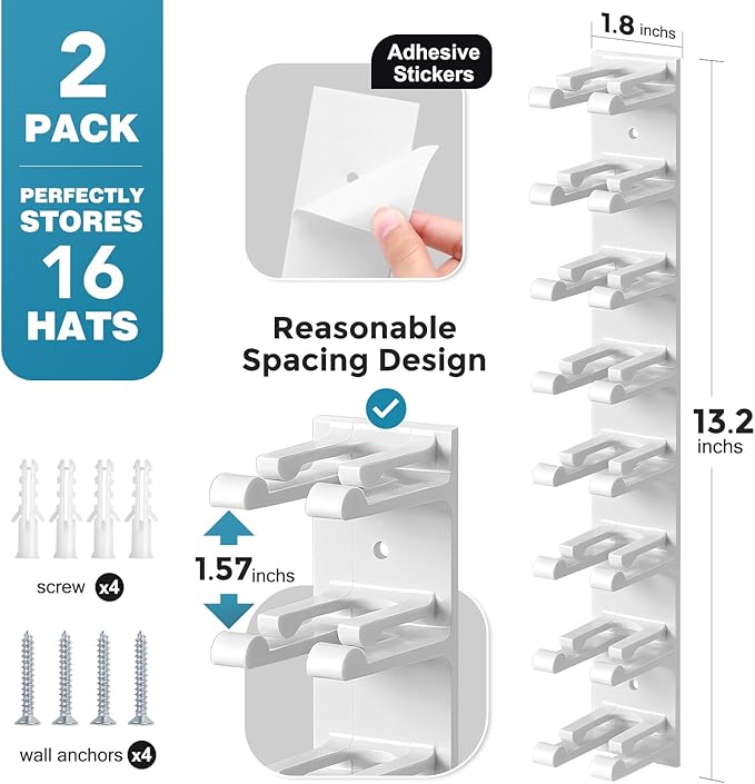 Hat Organizer for Baseball Caps Wall, 2 Pack Hat Holder for Closet Door Holds up to 16 Hats, Hat Hook with Adhesive and 8 Screws, Hat Hanger Cap Holder Hat Hangers for Wall Closet Door Bedroom (A-White)