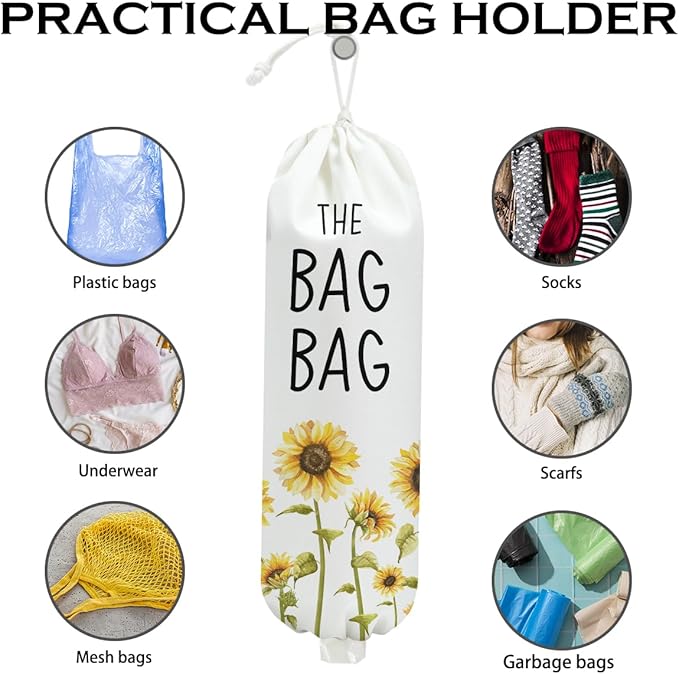 Sunflower Plastic Bag Holder, Wall Mount Grocery Bag Holder for Plastic Bags, Pull Rope Free Adjustment, Sunflower Reusable Shopping Bags Storage Dispenser for Home Kitchen Pantry, 22.5x9 Inch