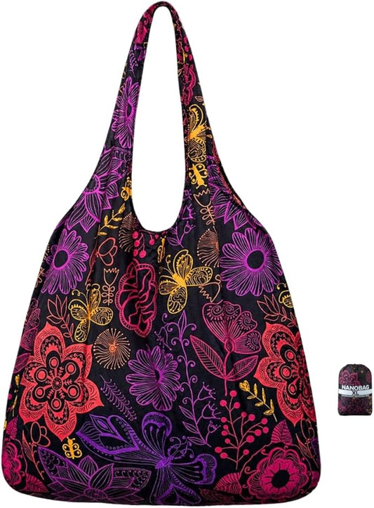 Nanobag Ultralight Heavy Duty Foldable Tote for Women & Men, Reusable Grocery & Travel Bag, Packable Collapsible Compact Market Essential (XL Neon Flowers)