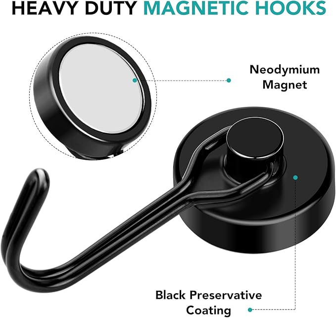 DIYMAG Black Magnetic Hooks 80LBS Strong Magnetics Hooks Heavy Duty 2026 Cruise Cabin Ship Essentials Magnet Hooks with Metal Hanger for Hanging Refrigerator Home Kitchen Office 8Pack