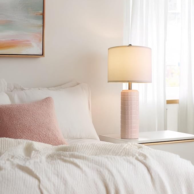 PoKat 27.5" Pink Ceramic Table Lamps for Girls Room Set of 2, Modern Bedroom Lamps, Bedside Lamps for Night Stands Living Room, Cute Lamps Pink Decor, Nightstands Desk Nursery