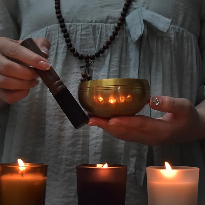 Artcome 7PCS Tibetan Meditation Set - Tibetan Singing Bowl & Tibetan Tingsha Cymbals Bells Handmade in Nepal for Meditation, Yoga, Tranquility, Relaxation, Chakra Healing, Stress Relief & Mindfulness