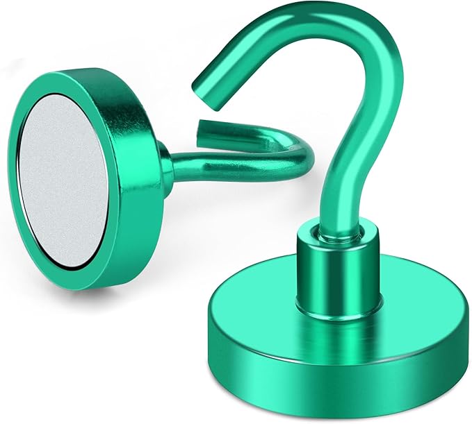 MIKEDE Magnetic Hooks, 50Lbs+ Heavy Duty Magnet Hooks for Cruise Cabins, Super Neodymium Hanging Hooks Strong Magnets with Hook for Fridge, Magnetic Hanger for Grill, Toolbox, Storage(Green, 4 Pack)