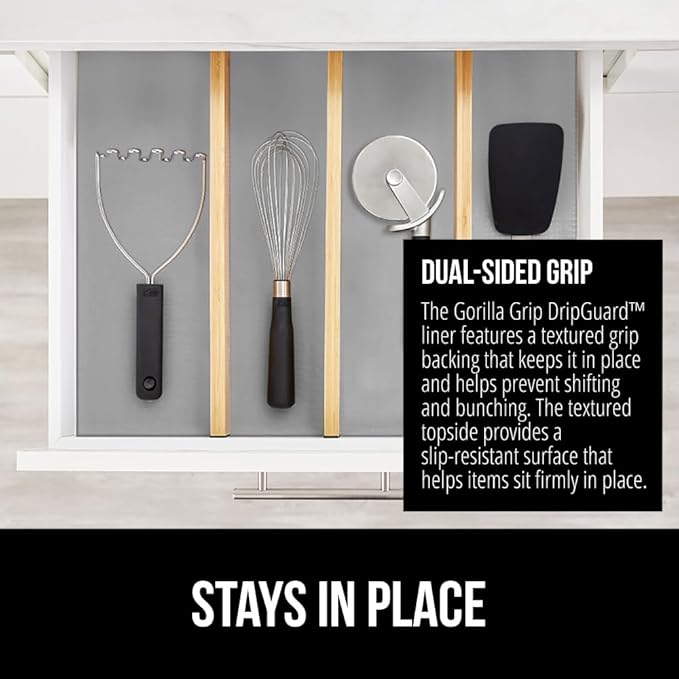 GORILLA GRIP DripGuard Shelf Liner, Non-Adhesive Drawer and Kitchen Cabinet Protector, 24x240 In, Strong Grip Slip Resistant Underside, Smooth Surface Liners for Cabinets, Bathroom Closets, Light Gray