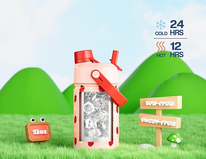 12 oz Kids Metal Water Bottle: 2-in-1 Straw Spout Lid, Spill-Proof, Easy Clean, Keep Cold 24H, Backpack Friendly, BPA-Free Stainless Steel Cup for School, Daycare, Playtime, Gift (Strawberry Daisy)