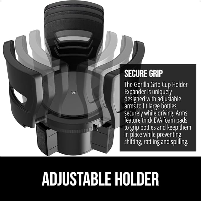 GORILLA GRIP Patent Pending Car Cup Holder Expander, Keeps Large Drink Cups Secure, Expands Fits Yeti, HydroFlask, Stanley 18 to 48oz Large Water Bottles, Coffee Mug, Adjustable Insert, Onyx Black
