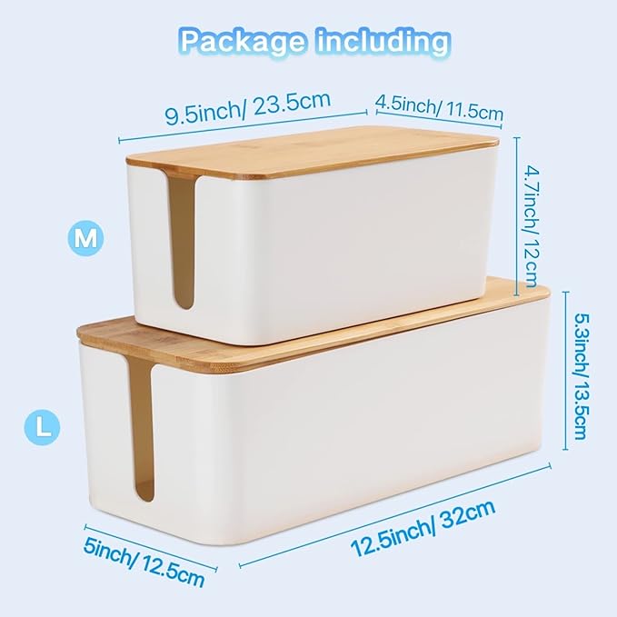 Cable Management Box Organizer, Set of 2 Bamboo Lid Large Storage Wire Holder to Conceal and Hide Surge Protector, Power Strips, and Cords on Desk and Floor, with 5 Cable Ties for Home Office, Computer, TV, and USB Hub