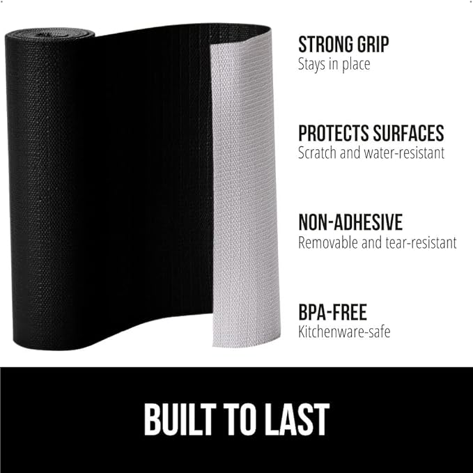 GORILLA GRIP DripGuard Shelf Liner, Non-Adhesive Drawer and Kitchen Cabinet Protector, 20x240 Inch, Strong Grip Slip Resistant Underside, Smooth Surface Liners for Cabinets, Bathrooms, Closets, Black
