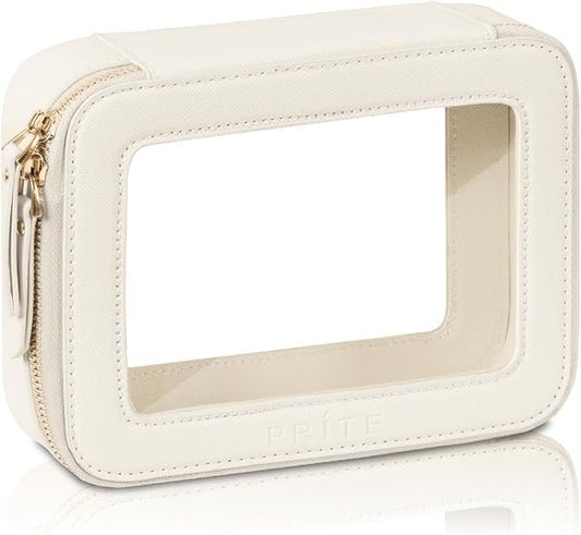 Prite Clear Makeup Bag Cosmetic Organizer Case Waterproof Travel Toiletry Bag Skincare Pouch with Golden Zipper(Beige)