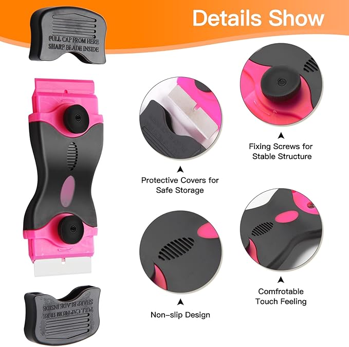 Razor Blade Scraper Tool Kit, Pink Razor Scrapers Tool & 20Pcs Extra Blades, Plastic Paint Scraper Tool, Razor Scraper Tool for Glass Top Stove, Scrappers for Cleaning Window,Decals,Stickers,Adhesive