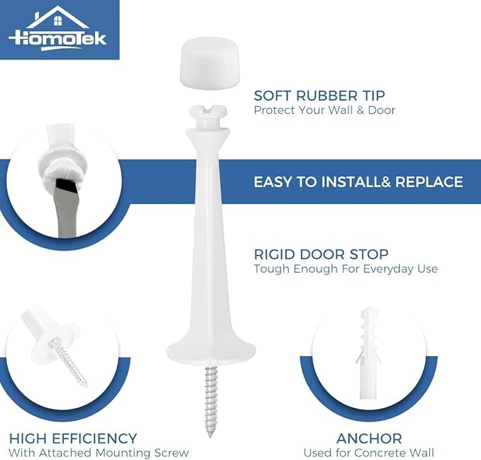 HOMOTEK 4 Pack Heavy Duty Solid Rigid Door Stop with Soft Rubber Tip, Zinc Die Cast Door Stopper Protect Wall & Door, White